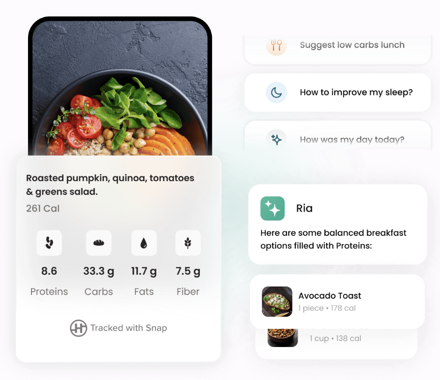 HealthifySnap AI calorie tracking - photo of meal with detected calories, macros and nutrition breakdown